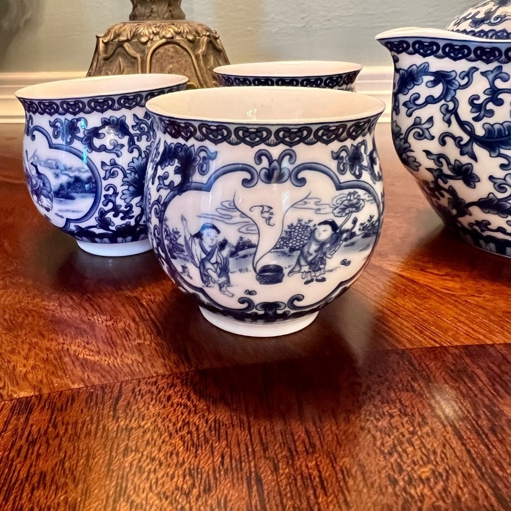NWB Vintage Chinese Porcelain Blue & White Chinoiserie Mini Tea Set Never Used - Picture 6 of 10